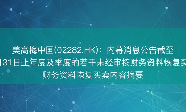 美高梅中国(02282.HK)：内幕消息公告截至2025年12月31日止年度及季度的若干未经审核财务资料恢复买卖内容摘要